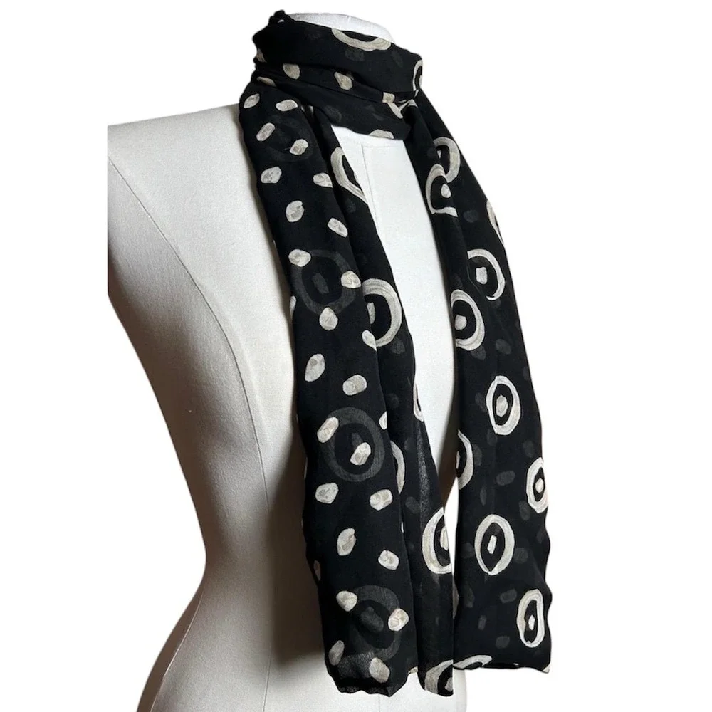 Vintage 100%‎ Silk Scarf Made in Italy Black Abstract Polka Dot Elegant Luxury